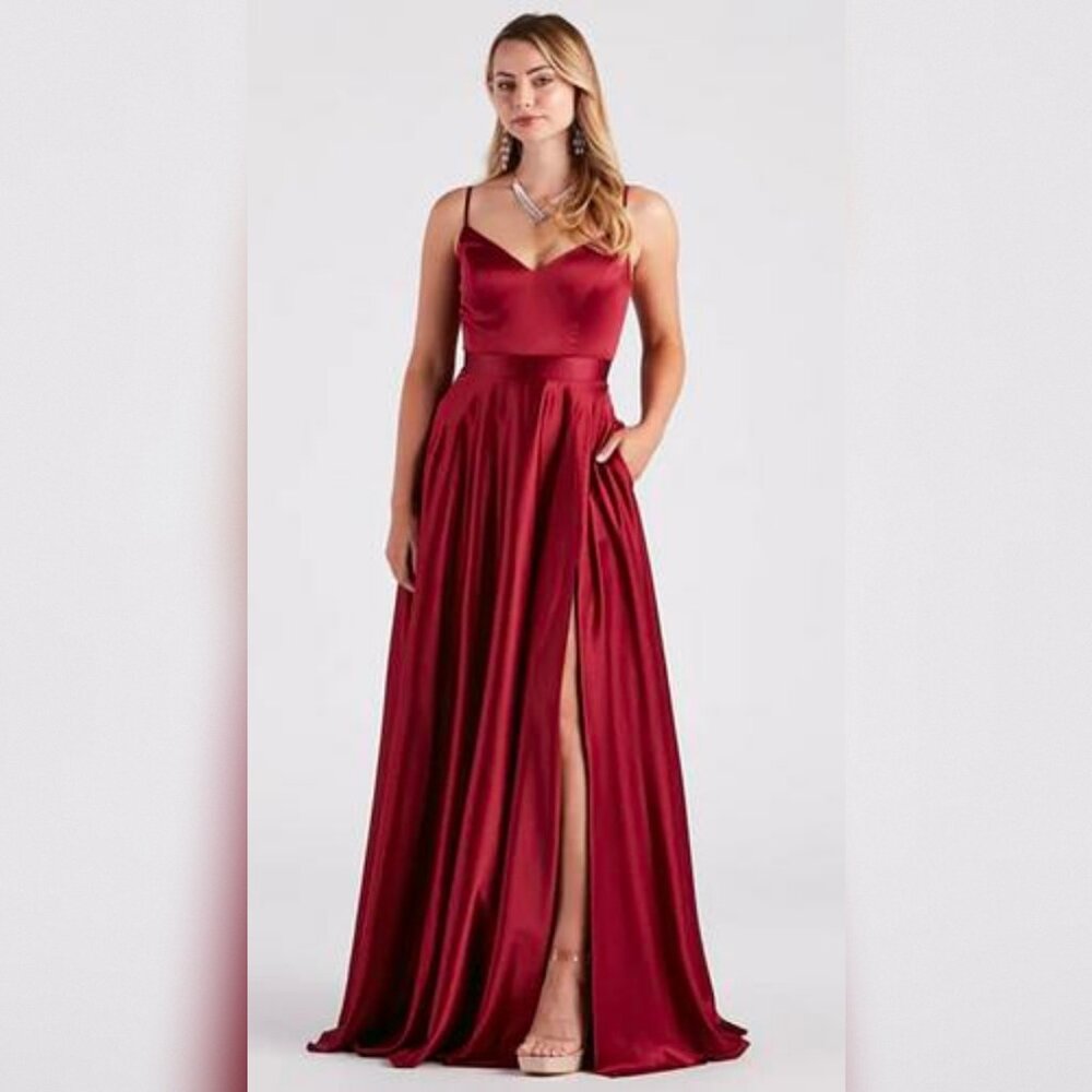 Red Satin A-Line Formal Gown w/ Pockets & High Slit